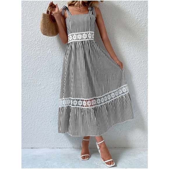 Boho Stripes Floral Lace Inserts Tie Maxi Dress - Picture 8 of 12